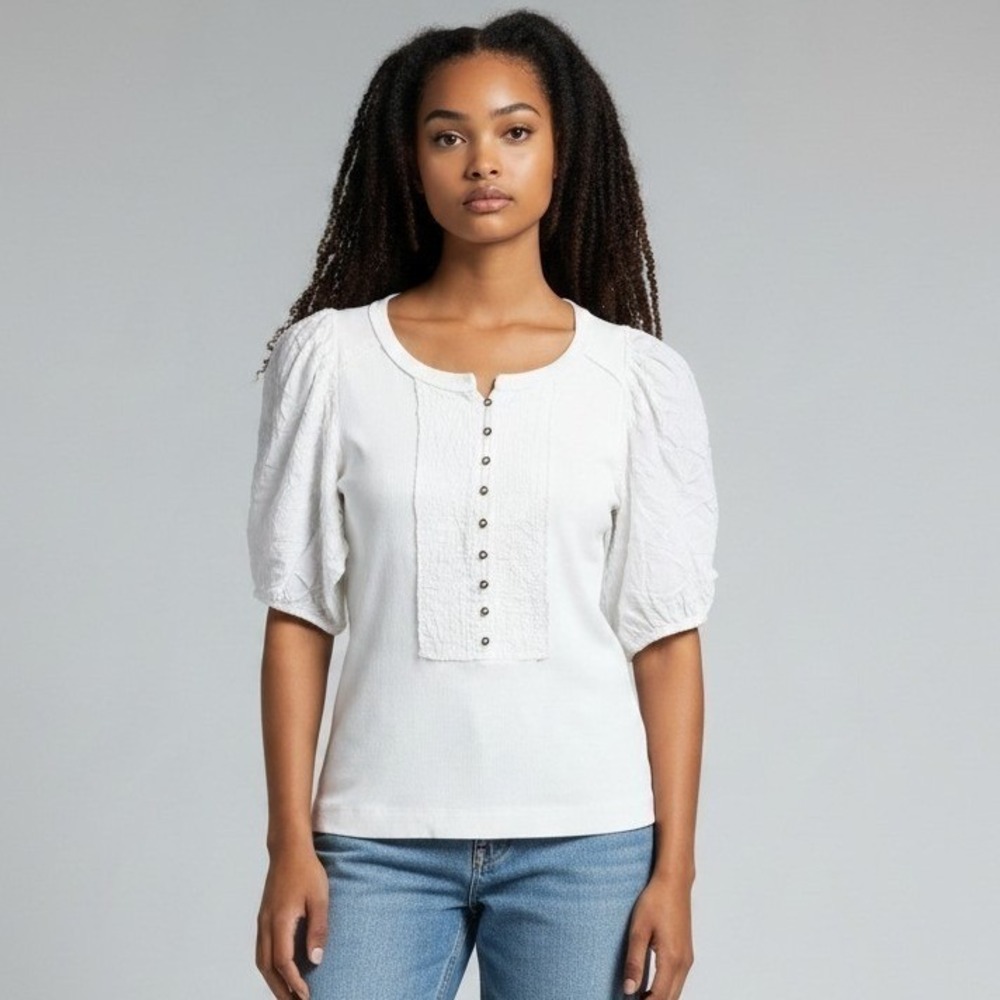 Pilcro White Ribbed Mixed Media Puff Sleeve Button Bib Top Small - Picture 1 of 6